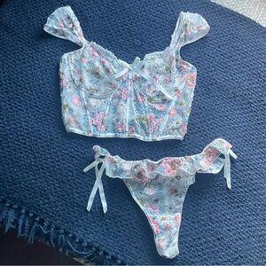 Victoria's Secret Dream Angels Floral Lace Lingerie Set - White Blue and Pink